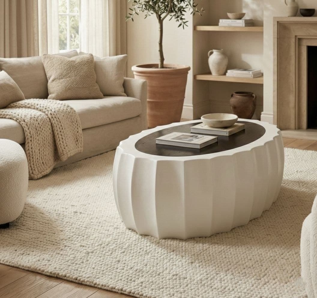 Low-profile off-white coffee table with dramatic architectural vertical grooves and a smooth scalloped texture with a contrasting dark inset top, styled on a textured cream rug in front of a contemporary beige sofa