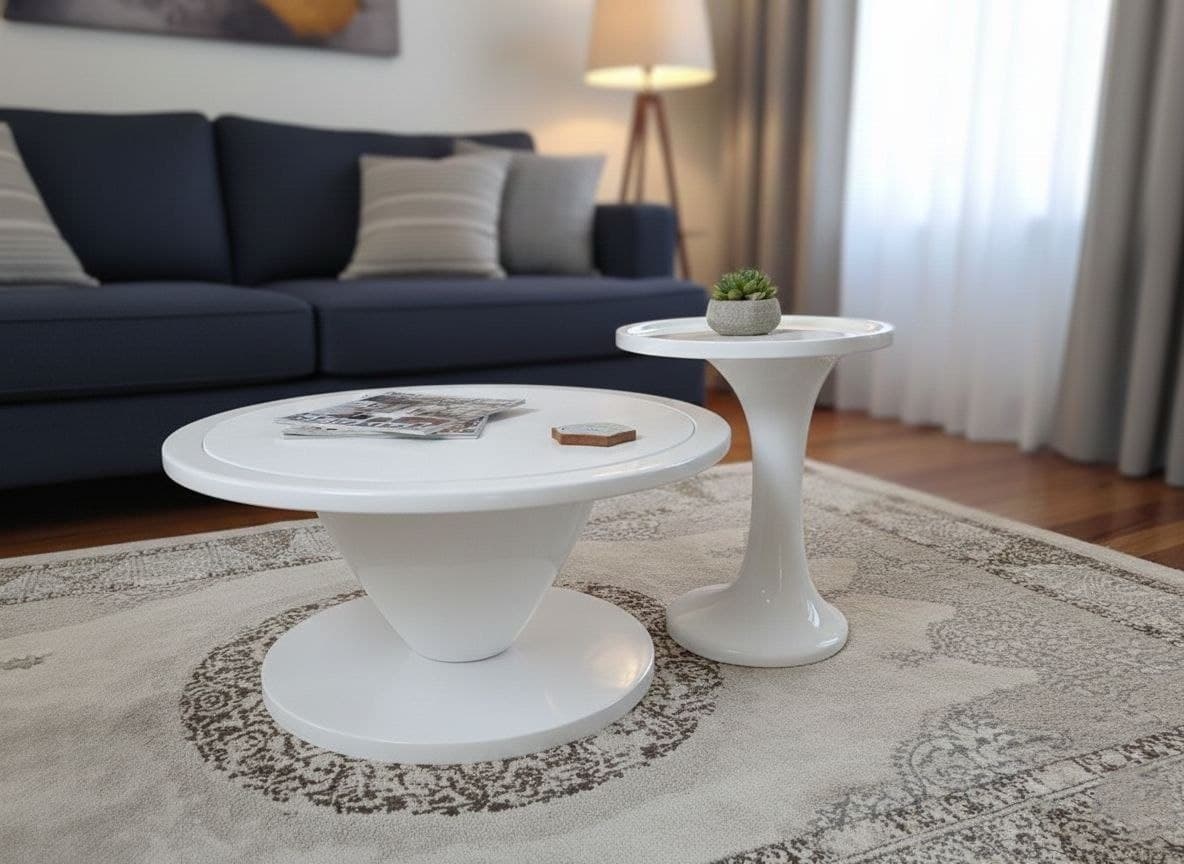 A custom pair of high-gloss white circular tables—a low, wide-pedestal coffee table and a taller trumpet-style accent table—arranged on a patterned rug in front of a deep navy blue sofa.