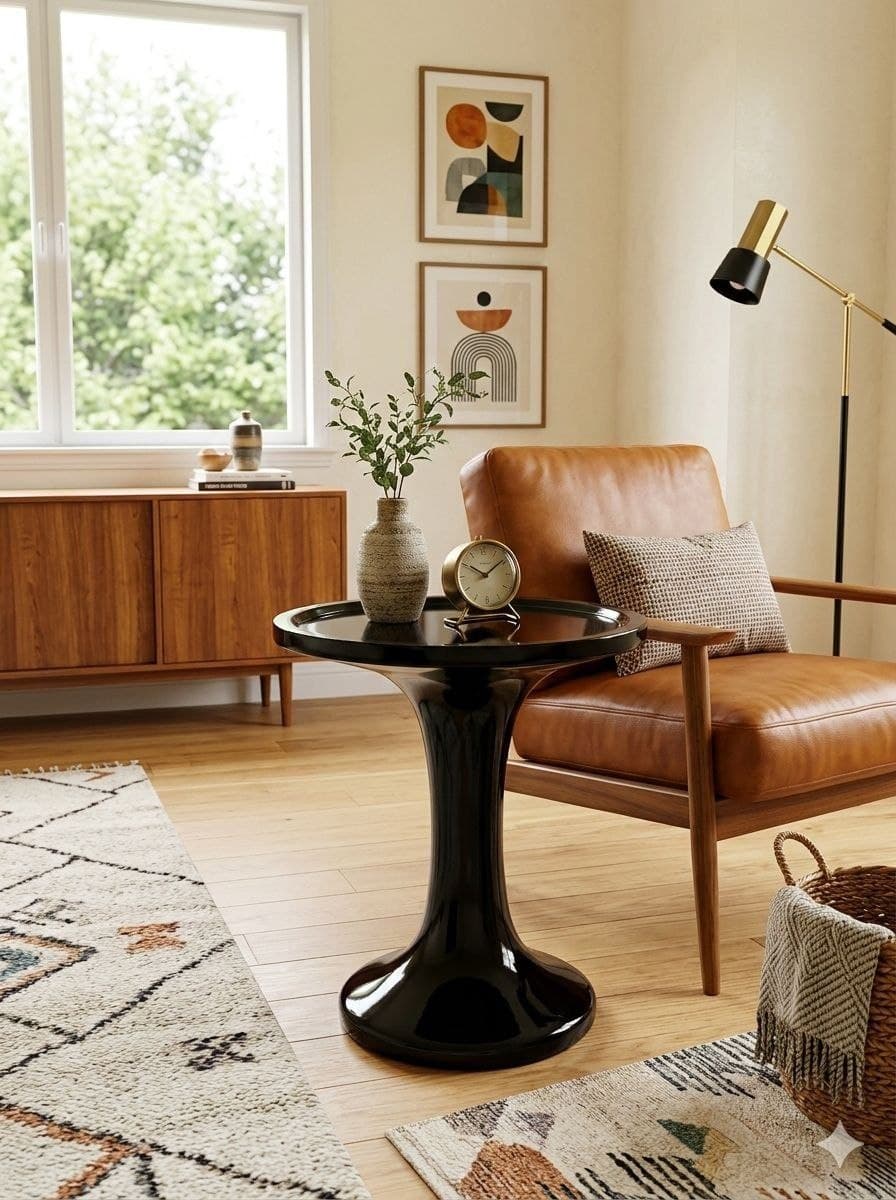 Highly reflective symmetric bi-conical hourglass side table finished in high-gloss piano black lacquer with silver clock and ceramic vase on top, next to a classic leather armchair