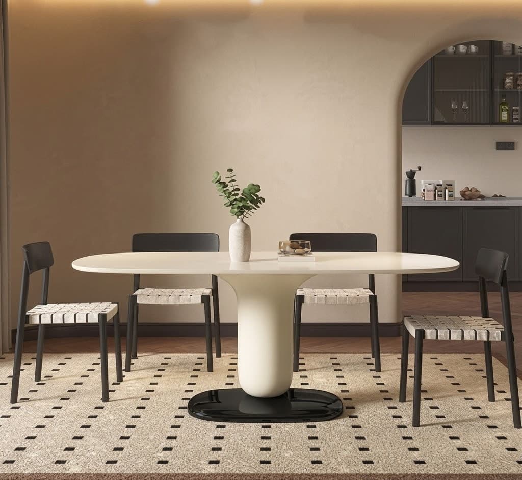 Handcrafted premium off-white monolithic oval dining table featuring a sculptural flared pedestal base on a piano black lacquered footplate, surrounded by elegant minimalist dining chairs.