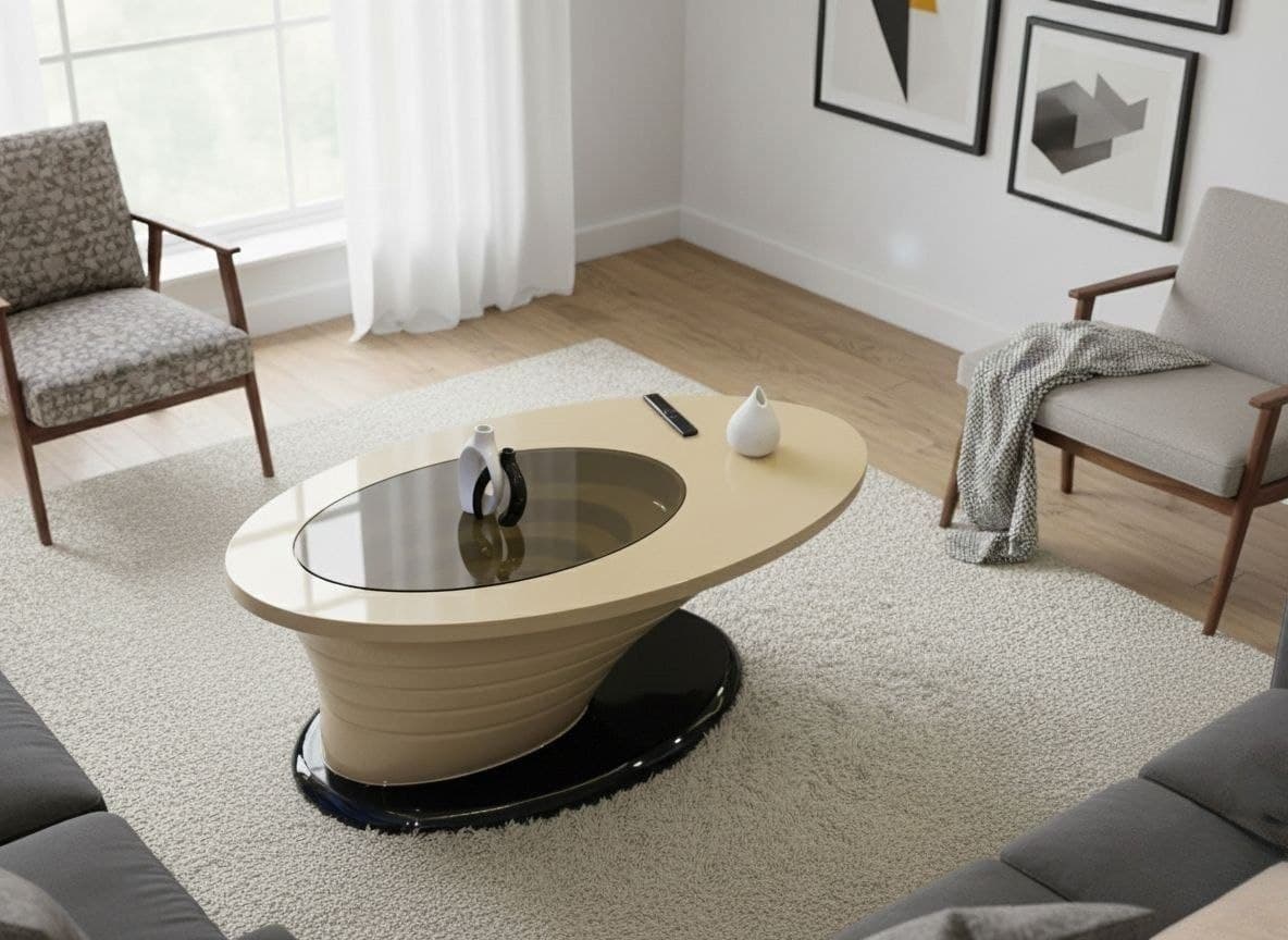 Sculptural cream-colored oval coffee table with a central dark-tinted glass insert resting on a tiered pedestal and black lacquered base inside a bright salon setting.