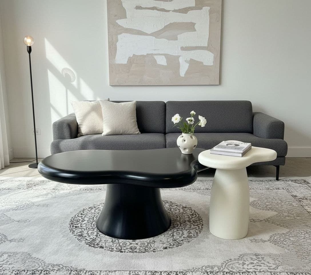 An organic-shaped black pedestal coffee table paired with a taller, irregular cream side table, arranged on a patterned rug in front of a dark gray sofa with light cushions.